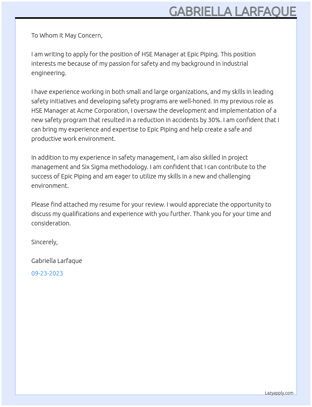 HSE Manager At Epic piping Cover Letter