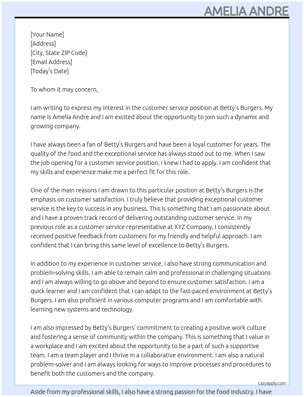 customer service At betty's burgers Cover Letter