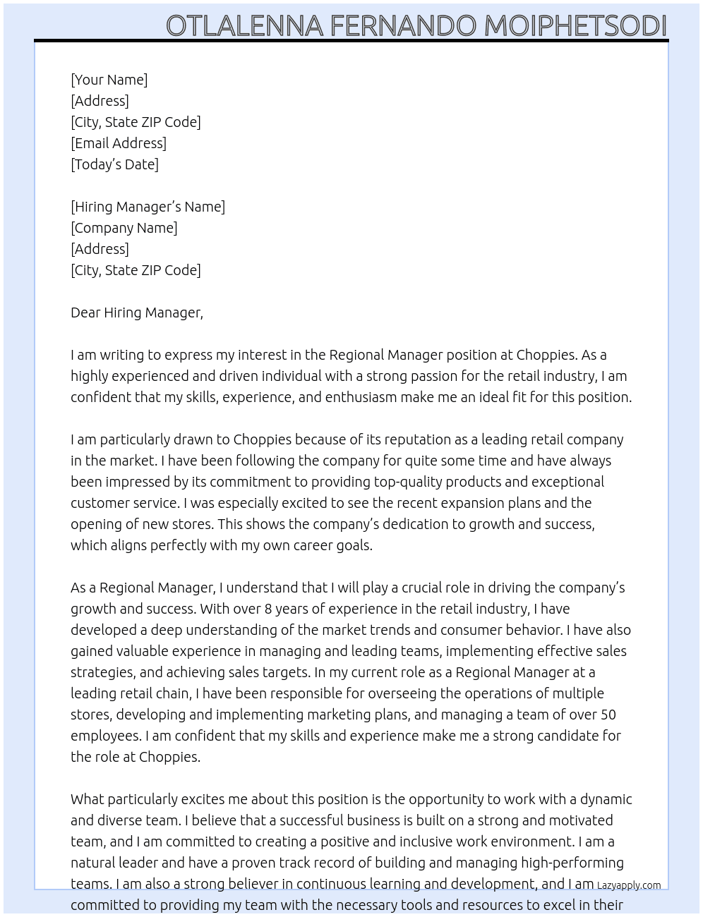 Regional Manager At Choppies Cover Letter