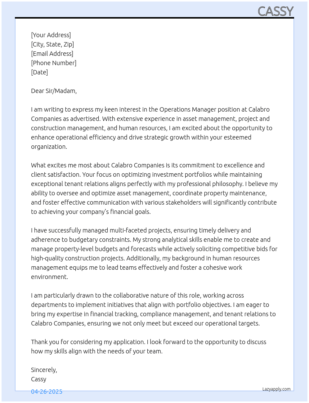 Operations Manager At Calabro Companies Cover Letter