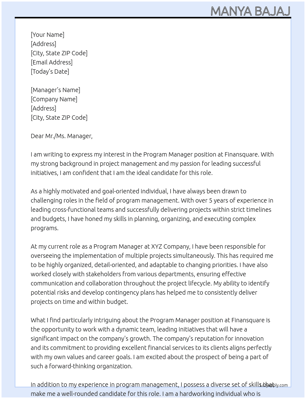 Program manager  At Finansquare Cover Letter
