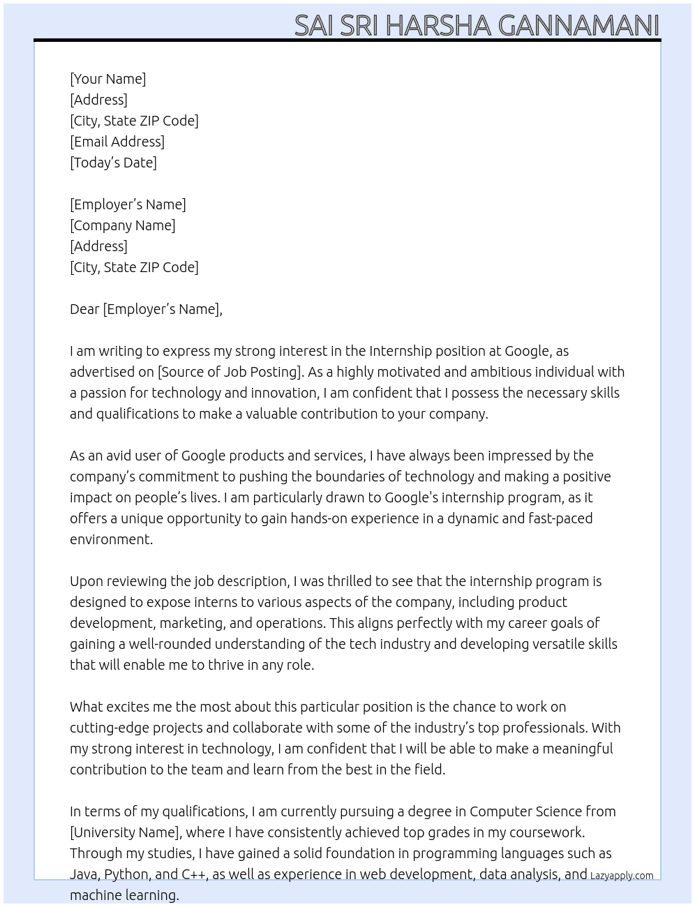 Internships  At Google Cover Letter