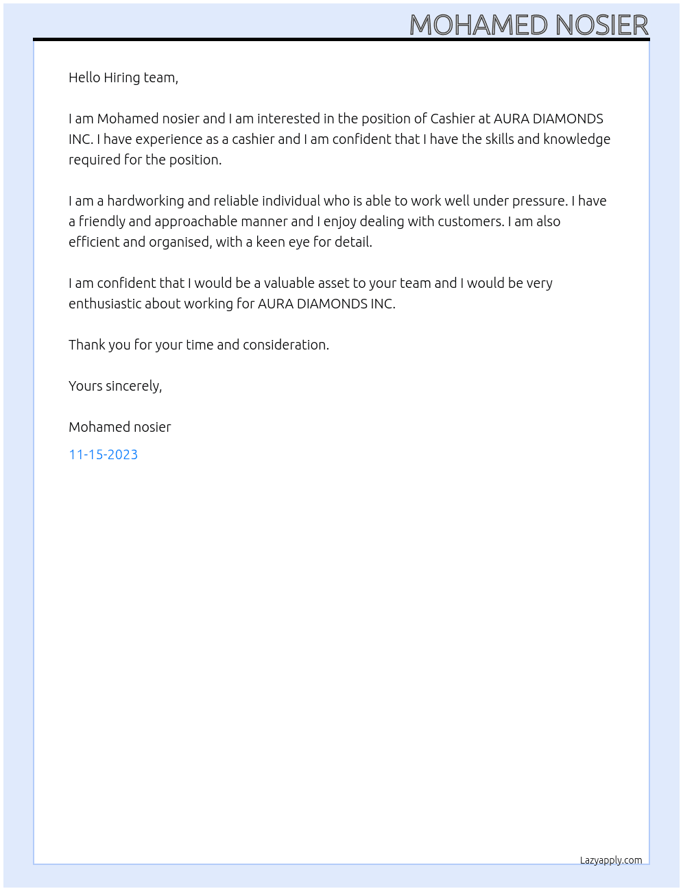Cashier  At AURA DIAMONDS INC Cover Letter