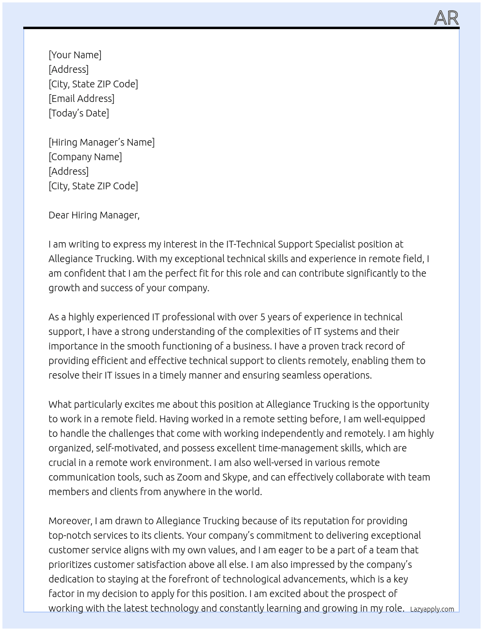 Cover letter for it-technical support specialist-remote field - LazyApply