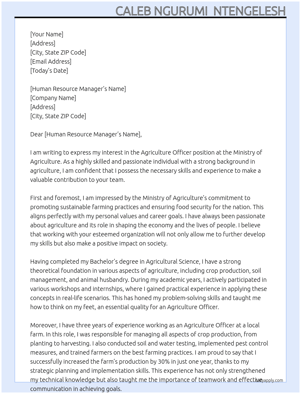 Agriculture officer  At Ministry of Agriculutre Cover Letter