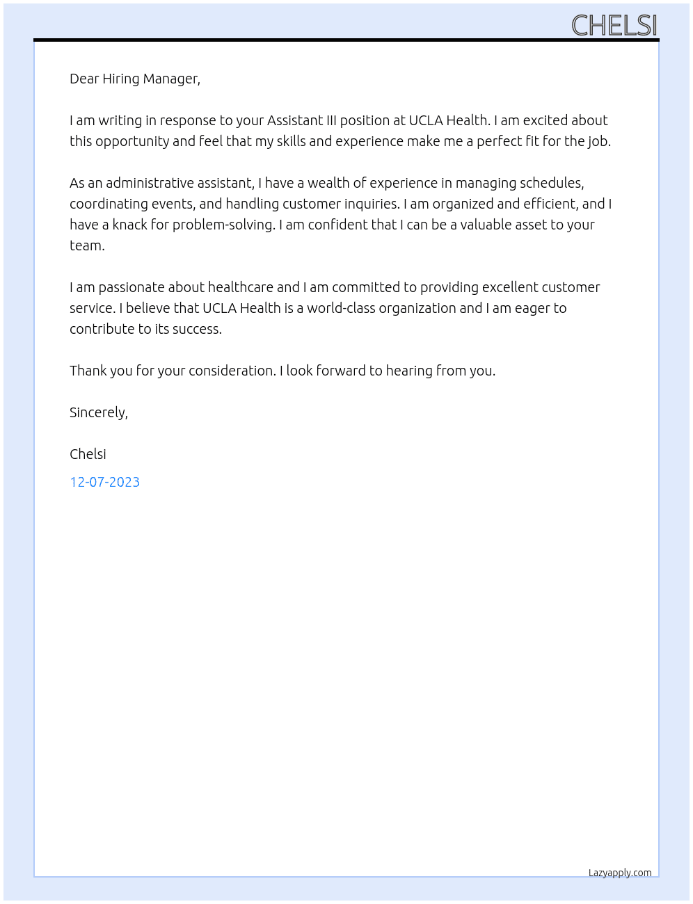 Assistant III At UCLA Health Cover Letter