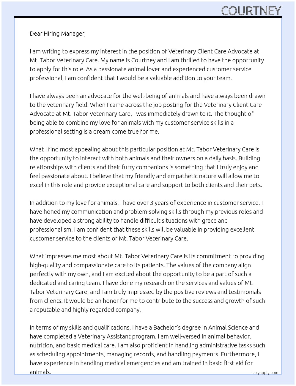 Veterinary Client Care Advocate At Mt. Tabor Veterinary Care Cover Letter