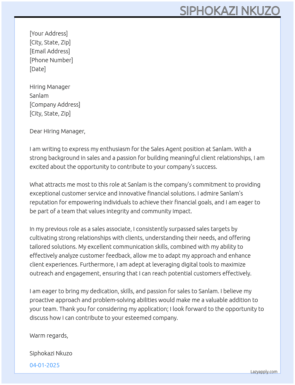 Sales agent At sanlam Cover Letter