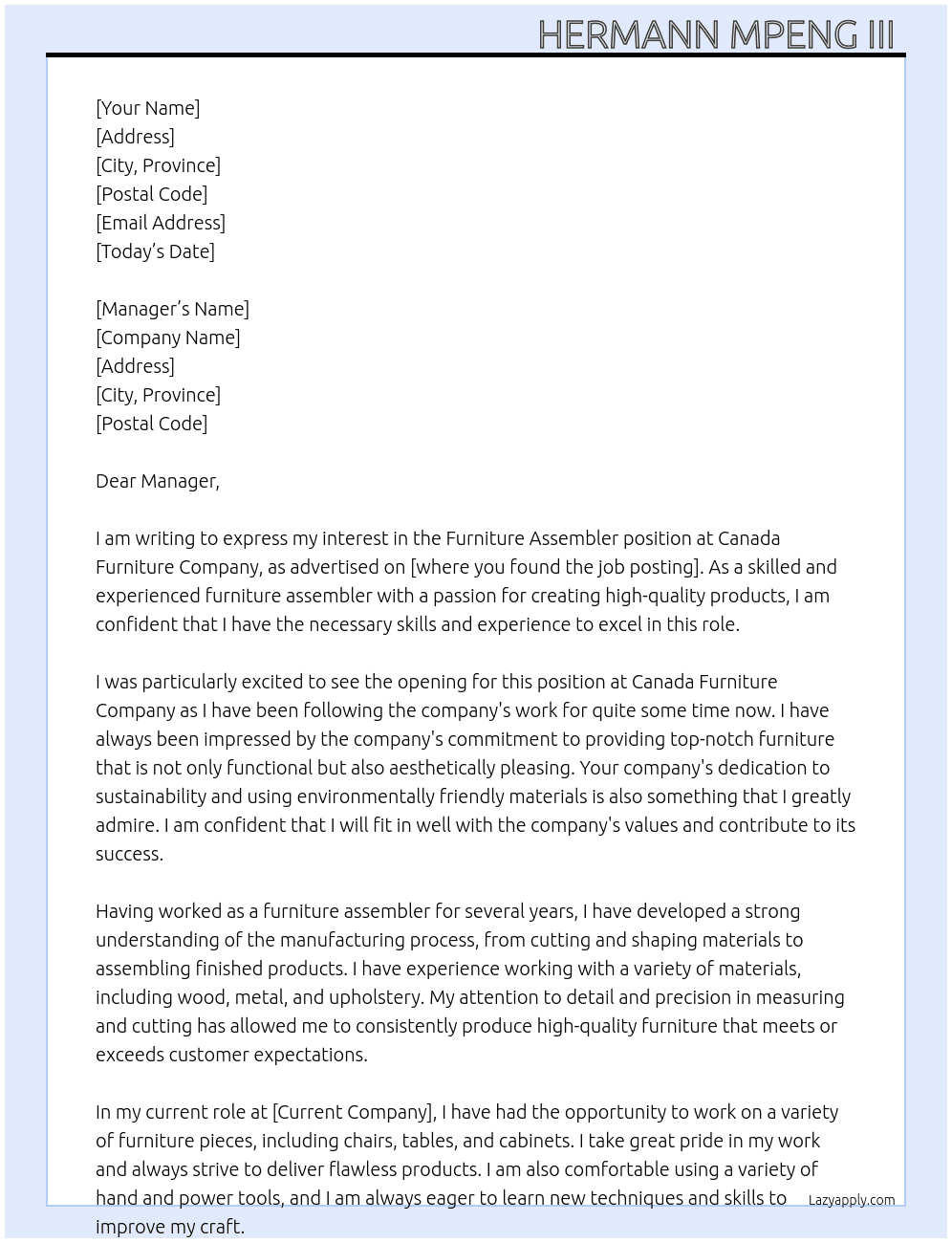 Furniture assembler  At Canada furniture company Cover Letter