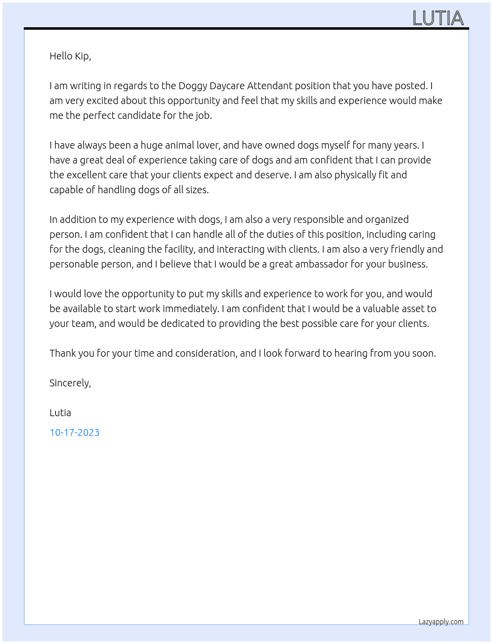 Doggy Daycare Attendant At Kip Cover Letter