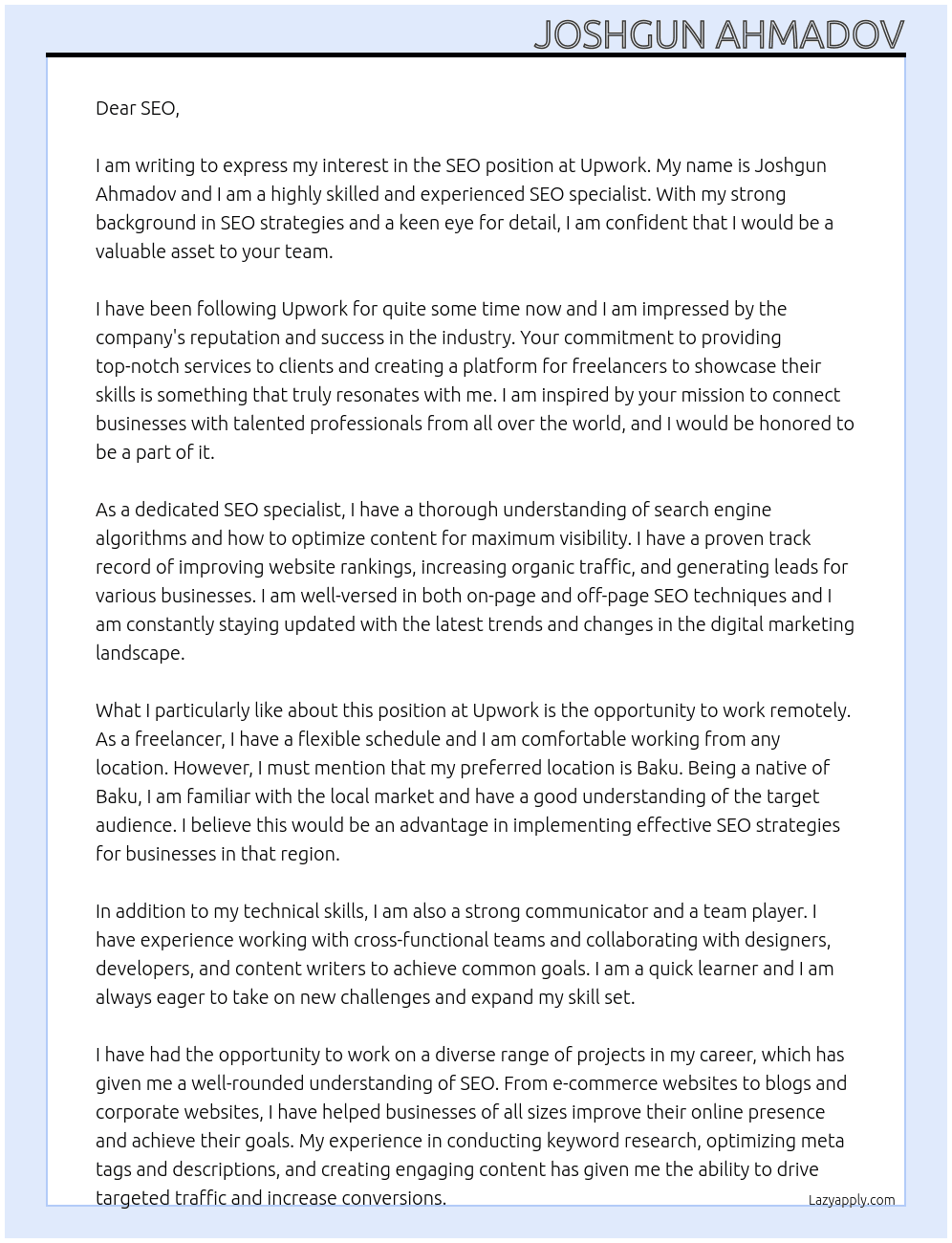 SEO At Upwork Cover Letter