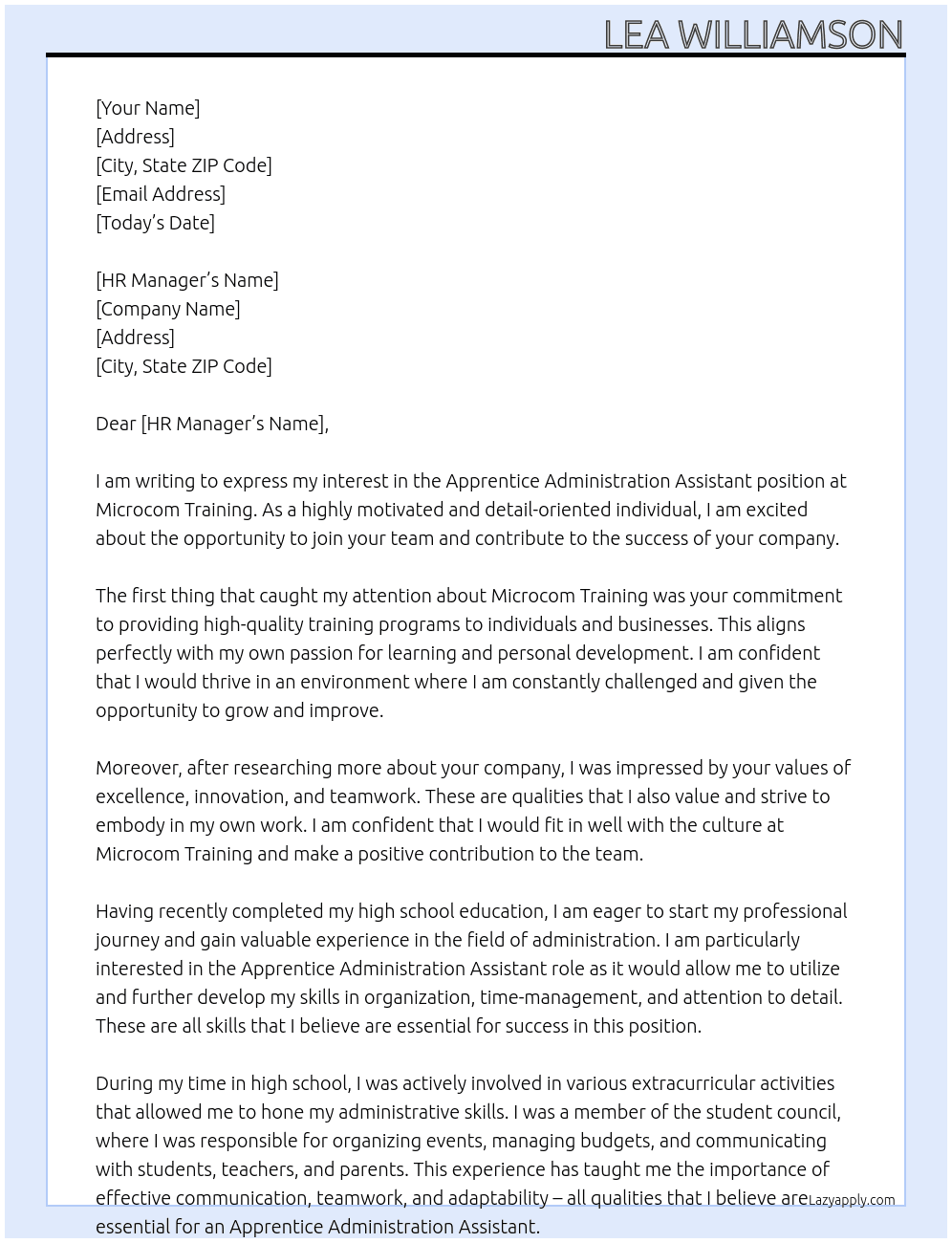 Apprentice Administration Assistant  At microcom training Cover Letter