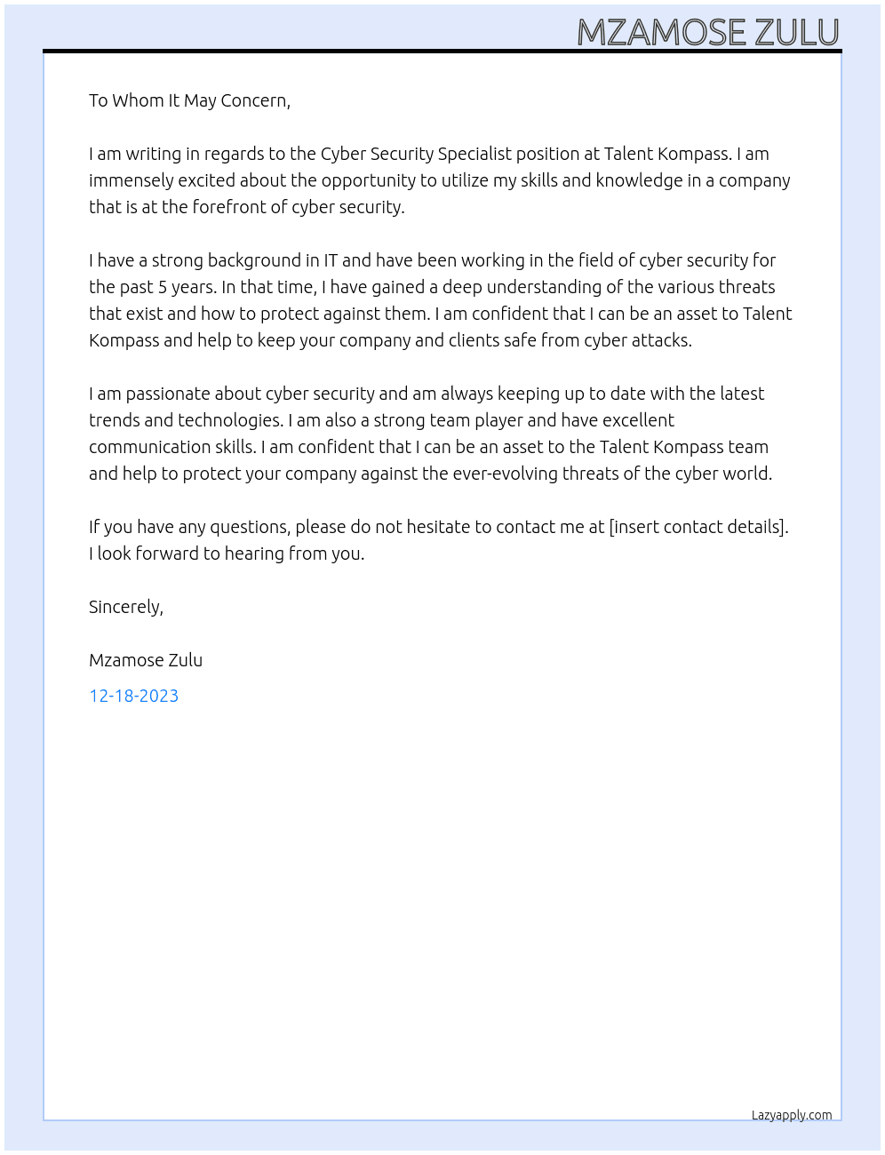 Cyber security spaclist  At Talent Kompass Cover Letter