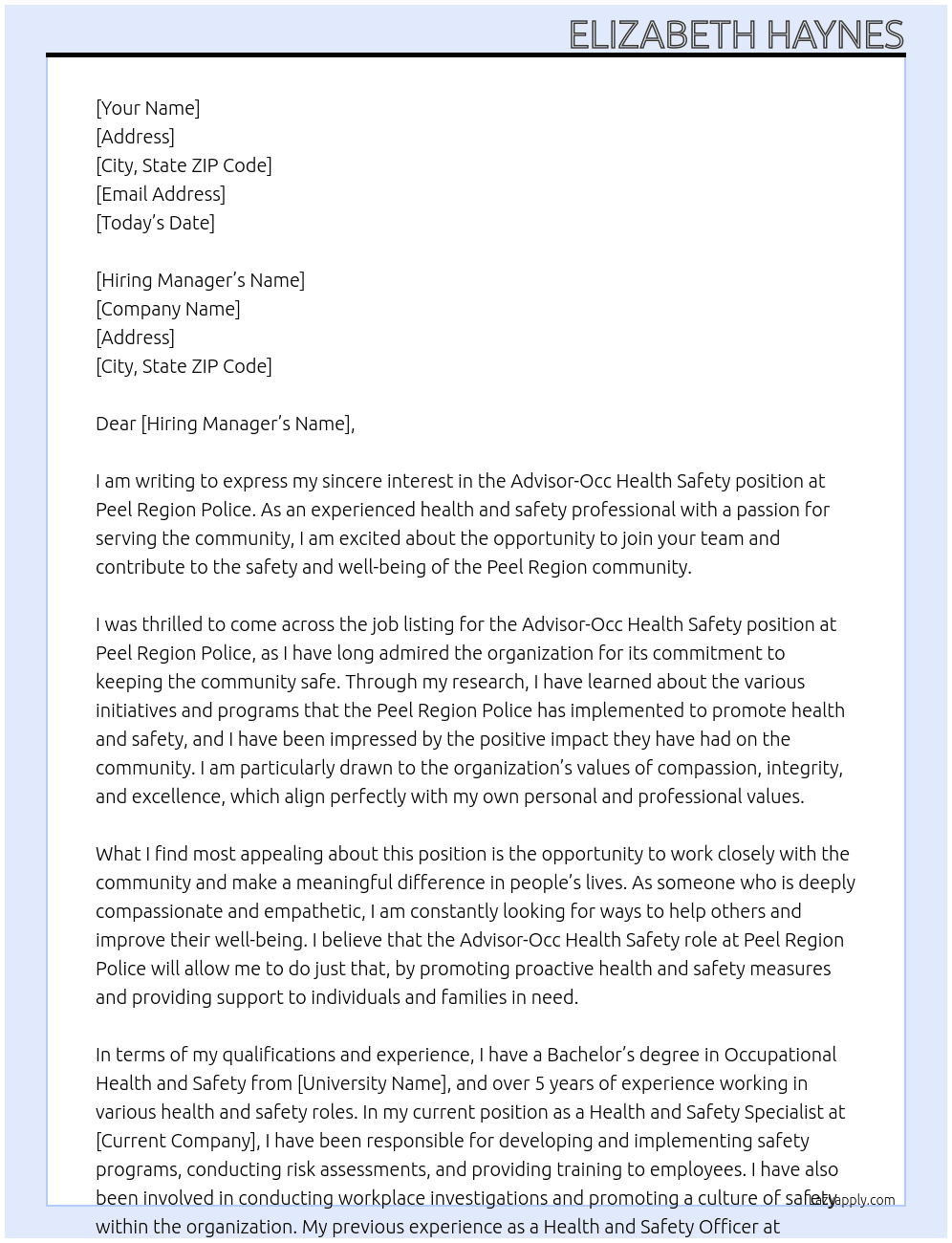 Advisor-Occ Health Safety At Peel Region Police  Cover Letter