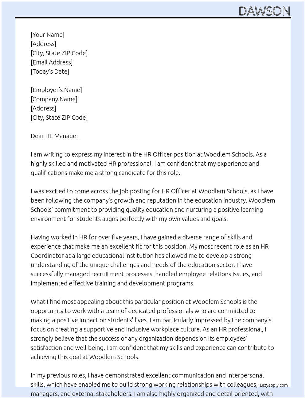 hr officer At Woodlem schools Cover Letter