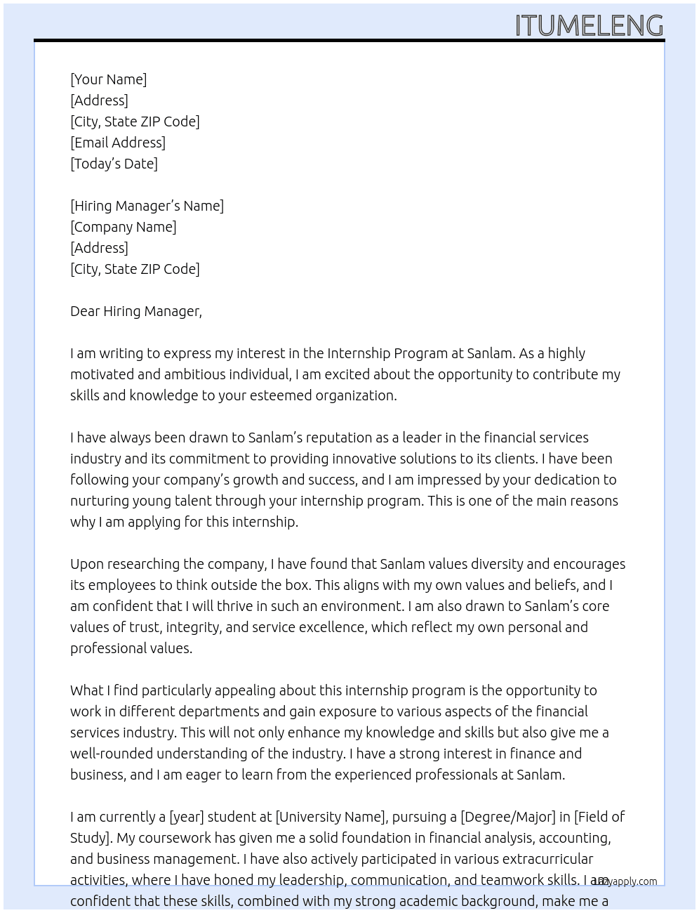 internship progrm At Sanlam  Cover Letter