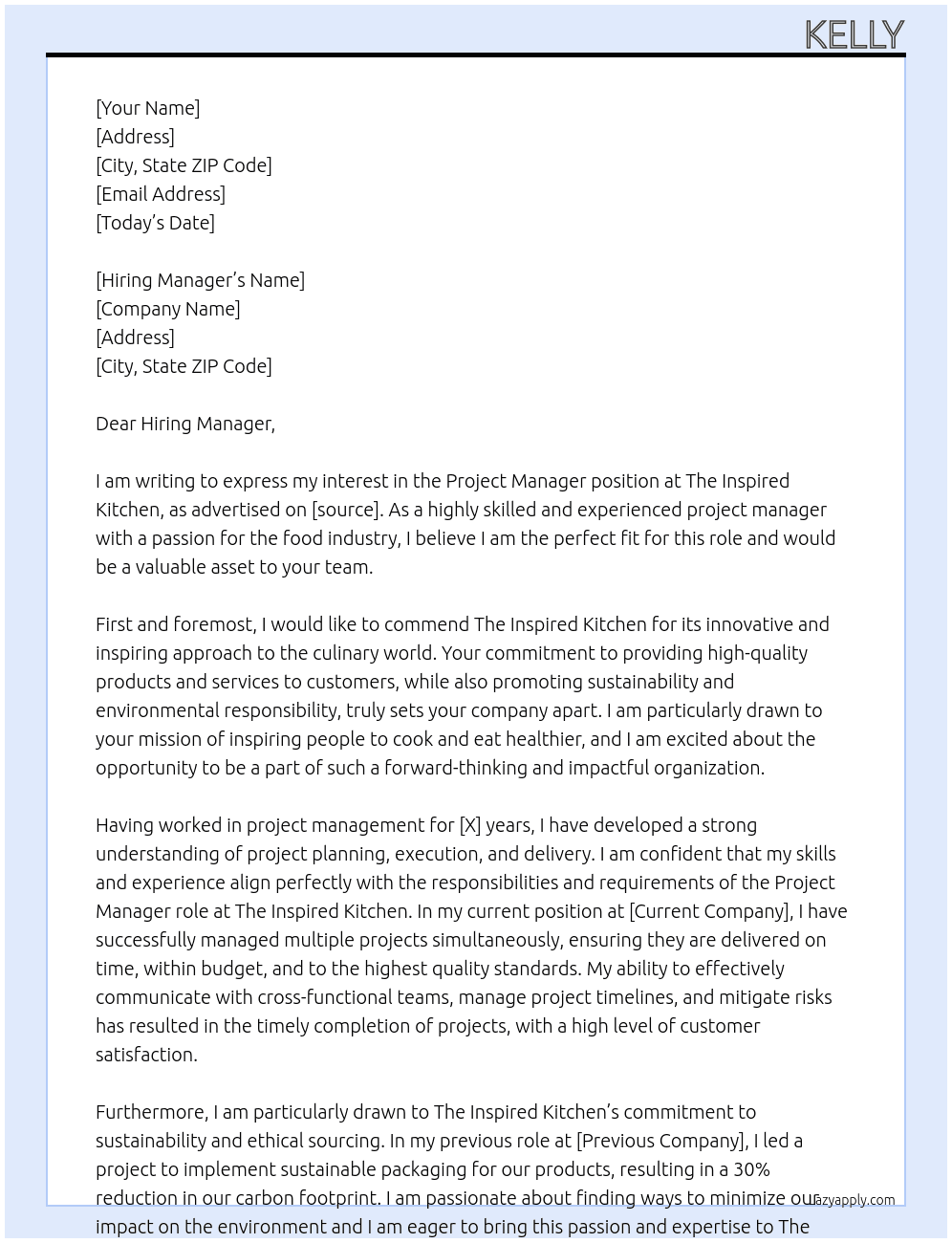 Project Manager At The Inspired Kitchen Cover Letter