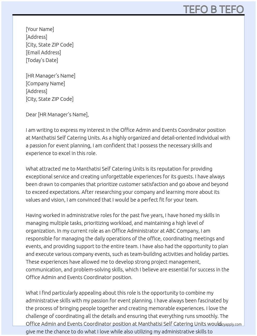 Office Admin and events coordinator  At Manthatisi Self Catering Units Cover Letter