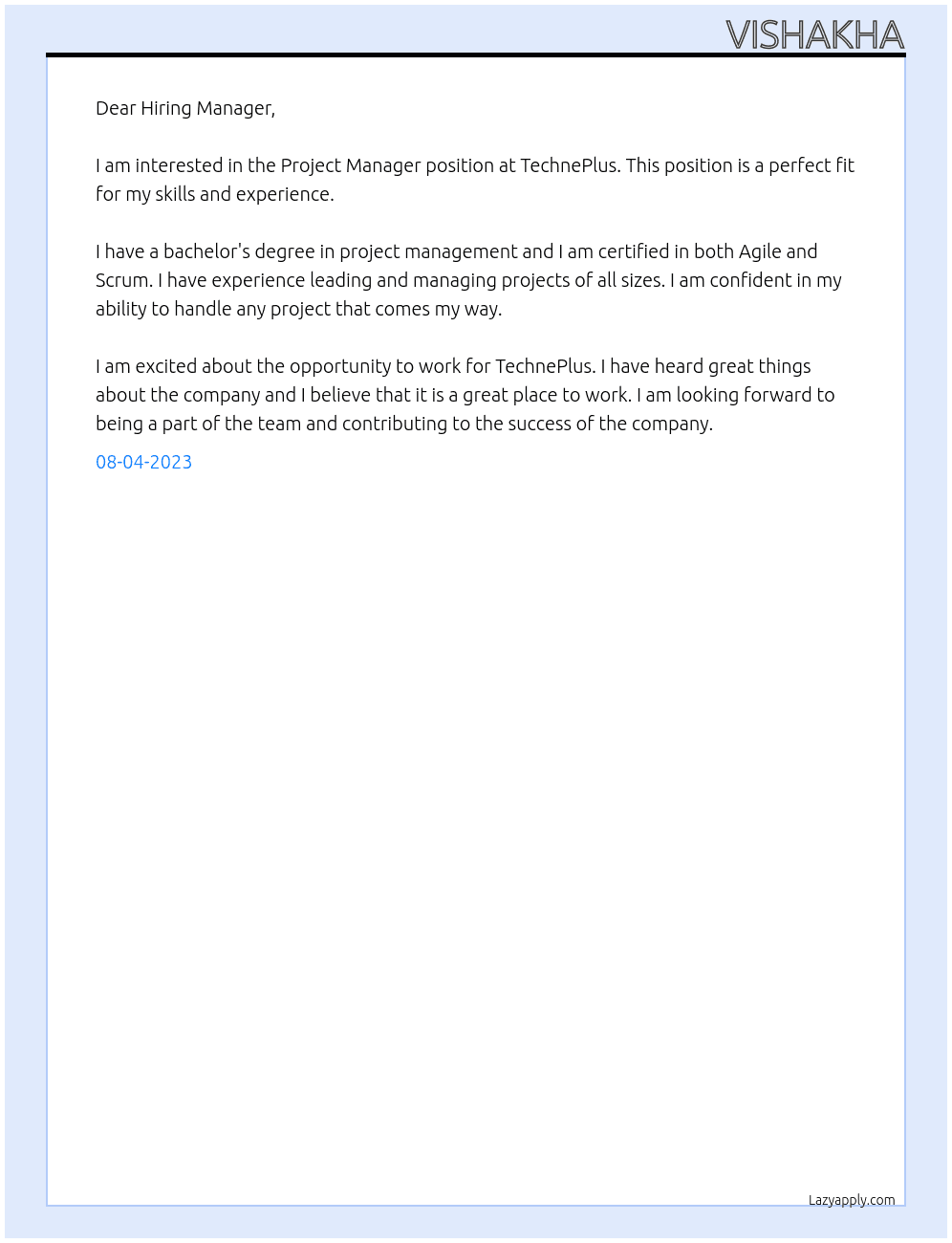 Project Manager At TechnePlus Cover Letter