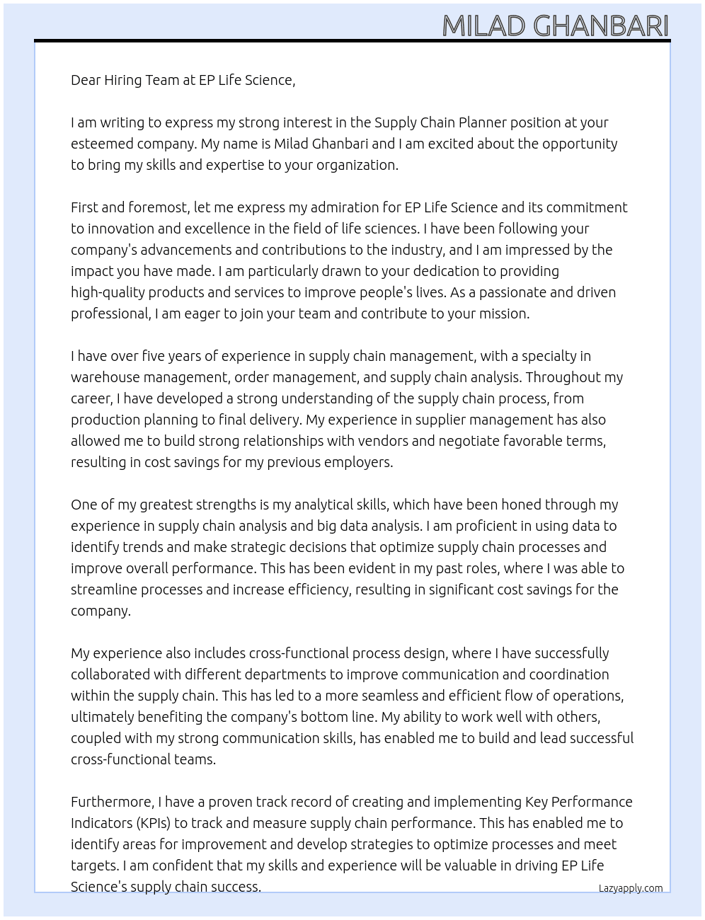 Supply Chain Planner At ep life science Cover Letter
