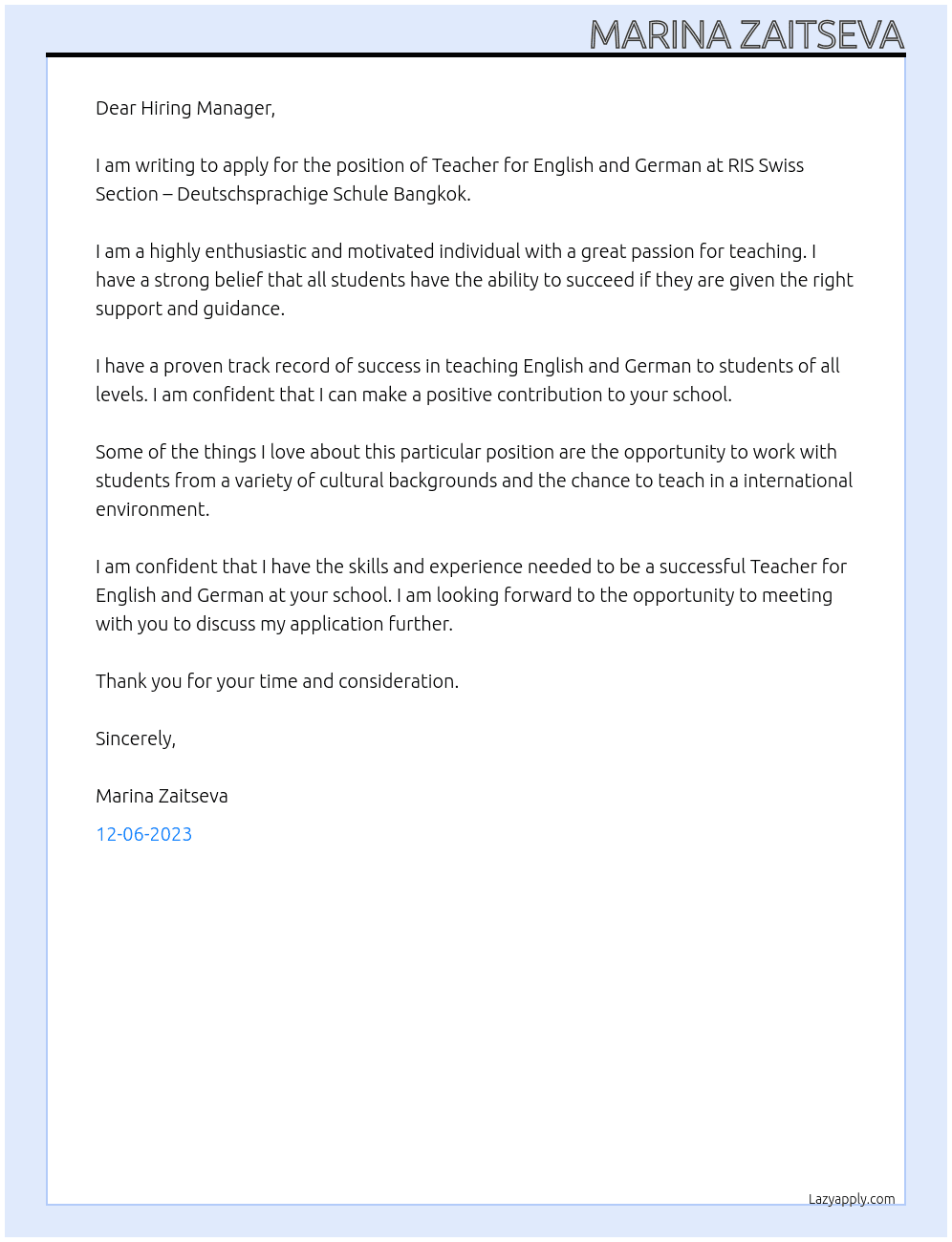 Teacher for English and German  At RIS Swiss Section – Deutschsprachige Schule Bangkok Cover Letter