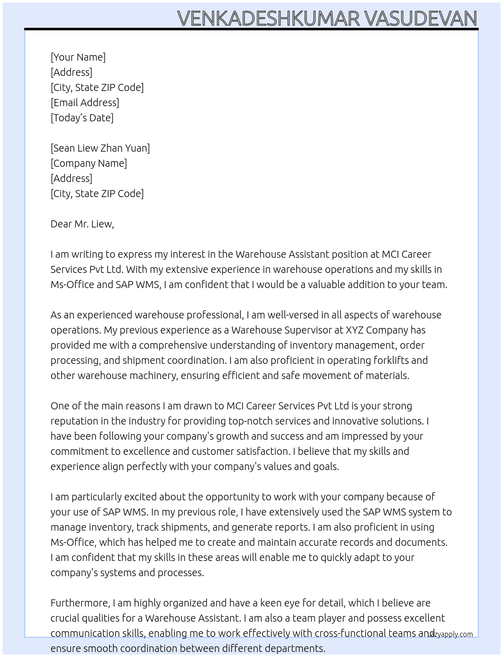 Warehouse Assistant  At MCI carrer services  pvt ltd Cover Letter