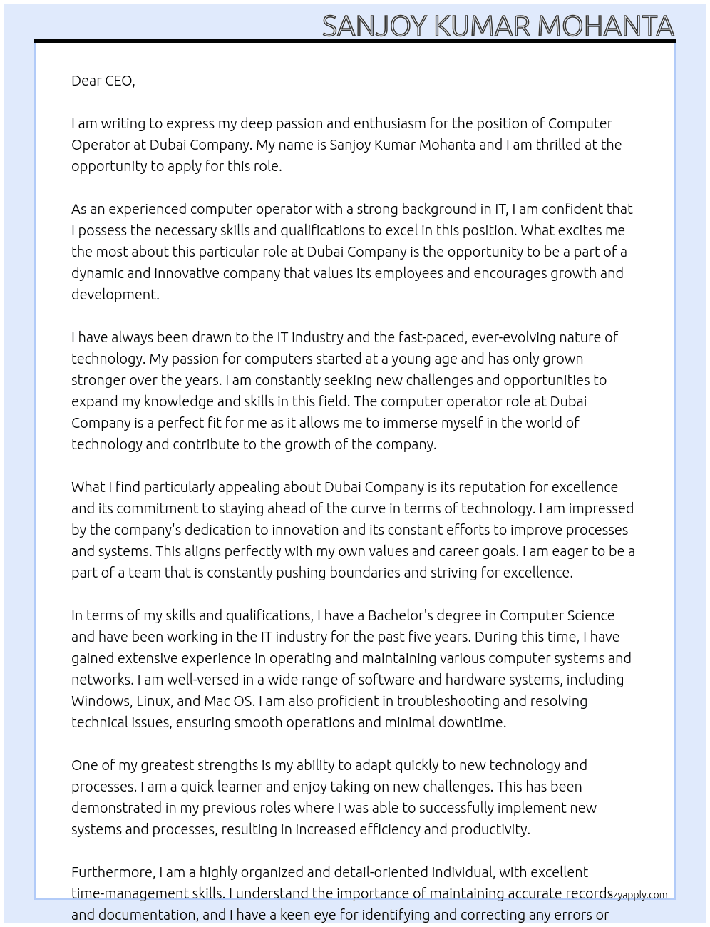 Computer operator  At Dubai company  Cover Letter