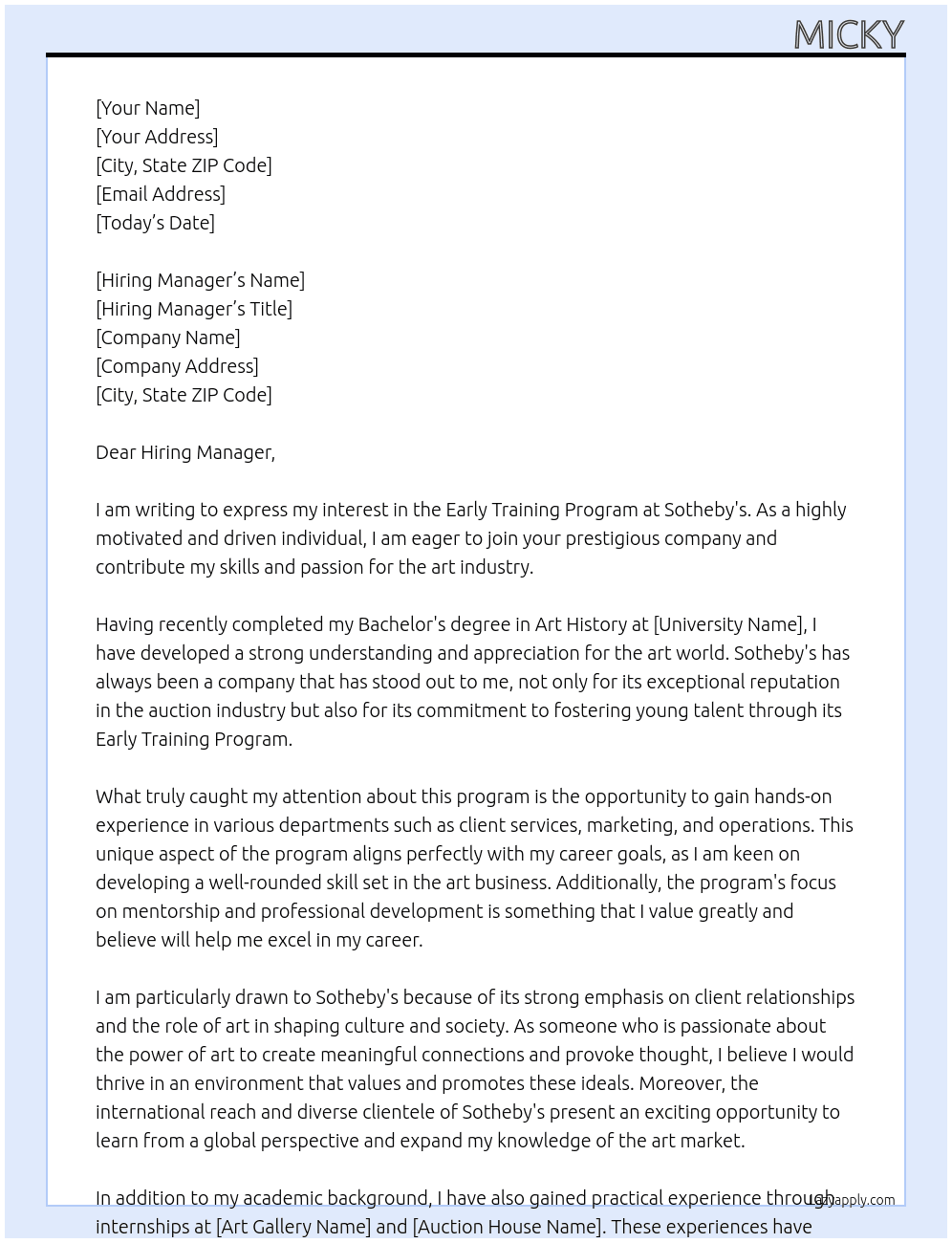 early training program At Sotheby's Cover Letter