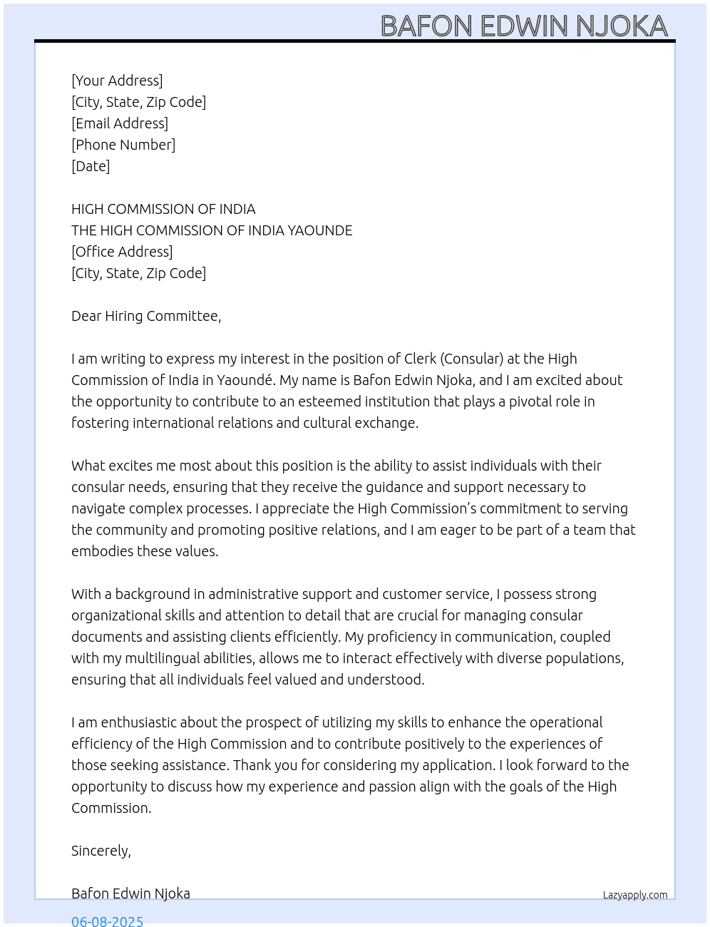 CLERK (CONSULAR) At THE HIGH COMMISSION OF INDIA YAOUNDE  Cover Letter