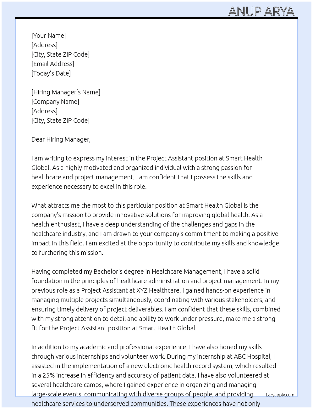 project assistant  At smart health global  Cover Letter