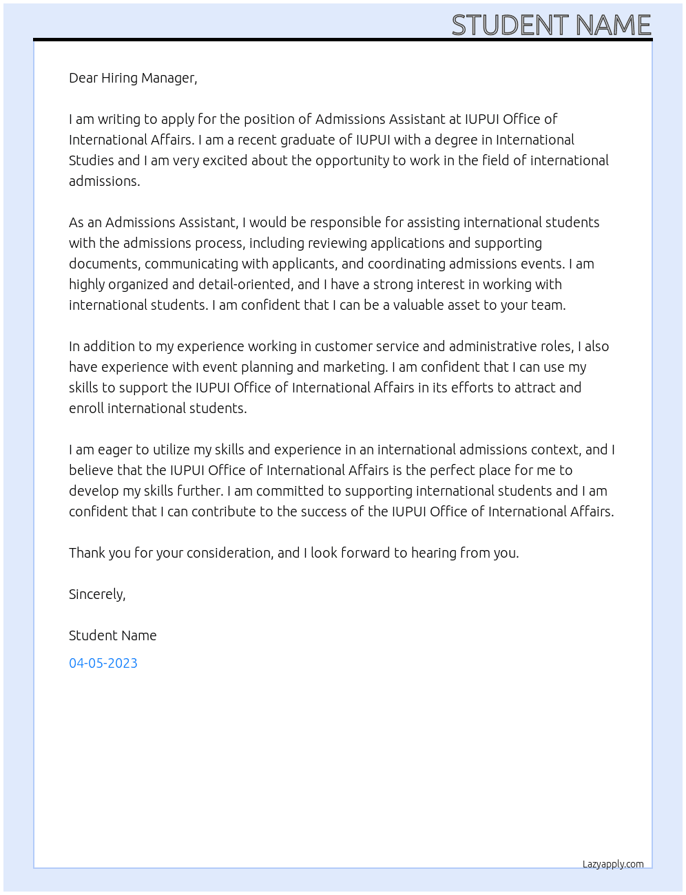 Admissions Assistant At IUPUI Office of International Affairs Cover Letter