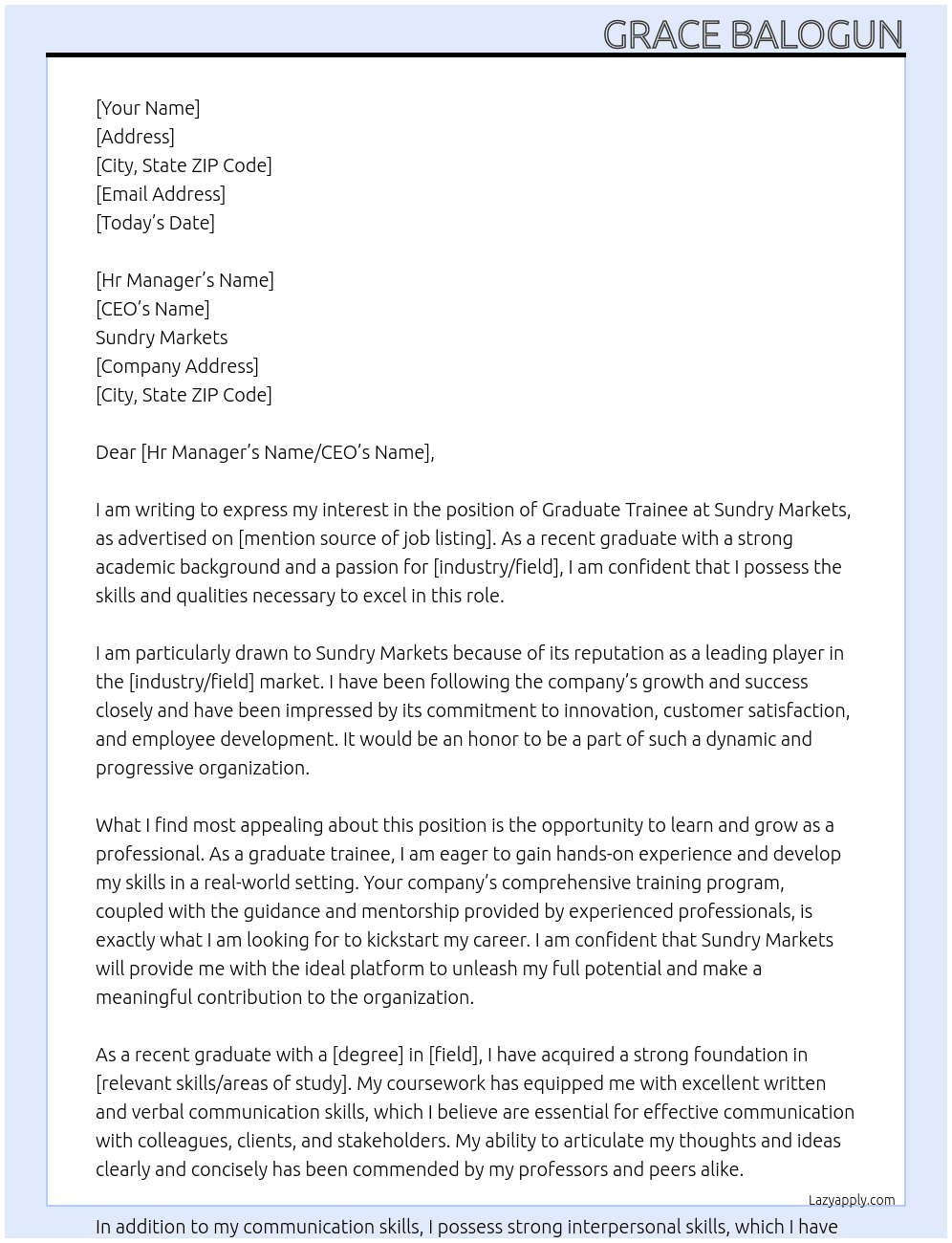 Graduate trainee At Sundry markets  Cover Letter