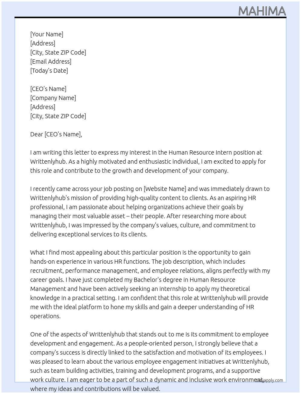 Human Resource Intern At Writtenlyhub Cover Letter
