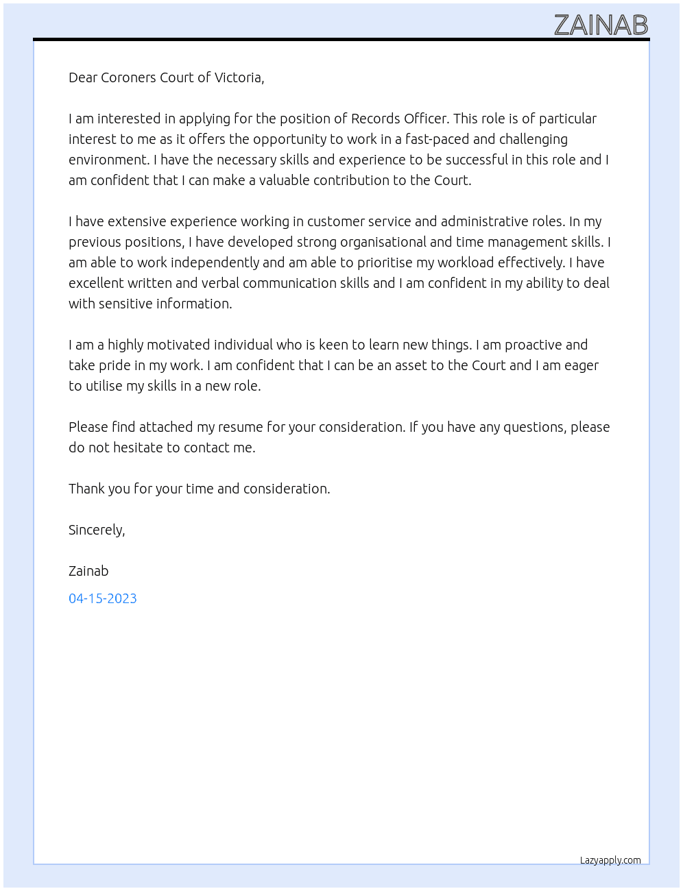 Records Officer At  Coroners Court of Victoria Cover Letter