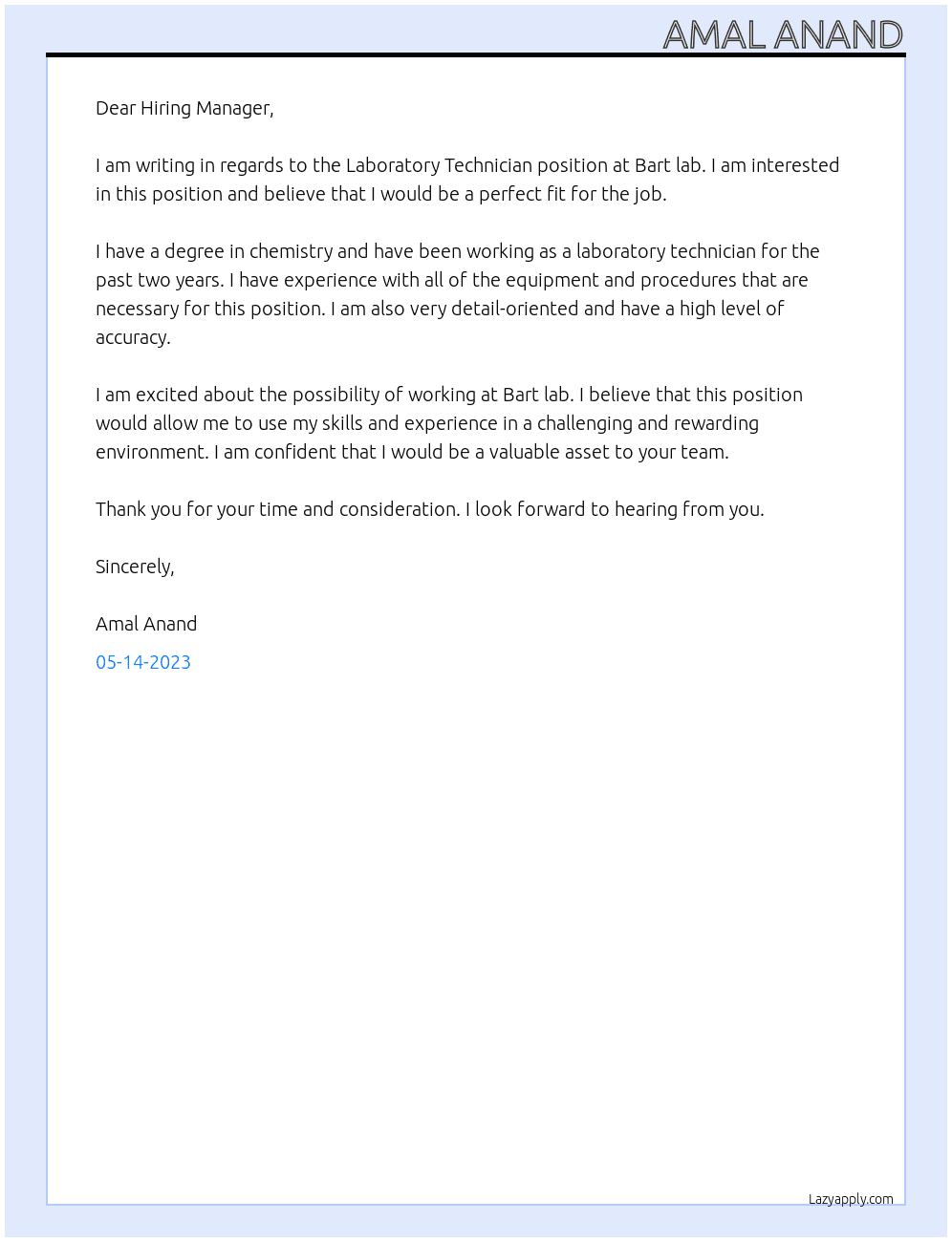 Laboratory Technician At Bart lab Cover Letter