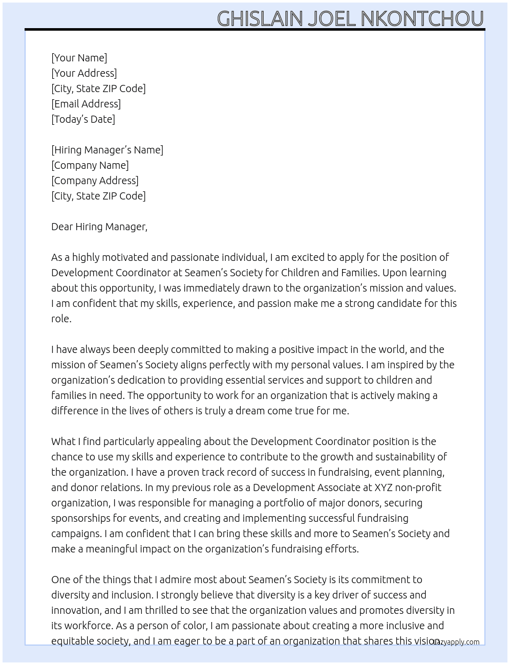 Development Coordinator At Seamen's Society for Children and Families Cover Letter
