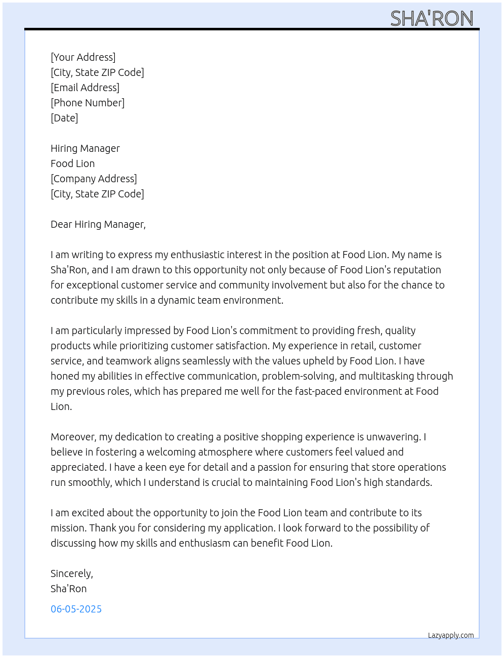 Food lion At Food lion Cover Letter