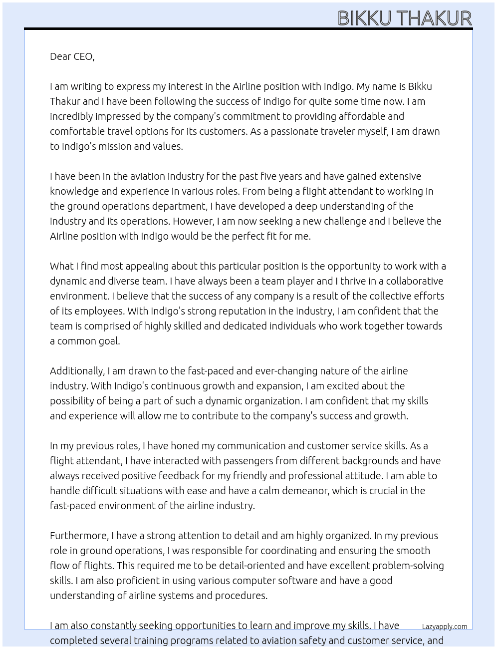 Airline At Indigo Cover Letter