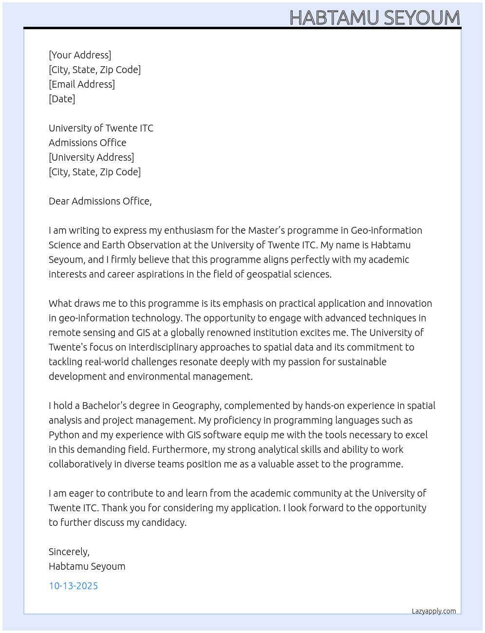 Master’s programme Geo-information Science and  Earth Observation At University of Twente ITC Cover Letter