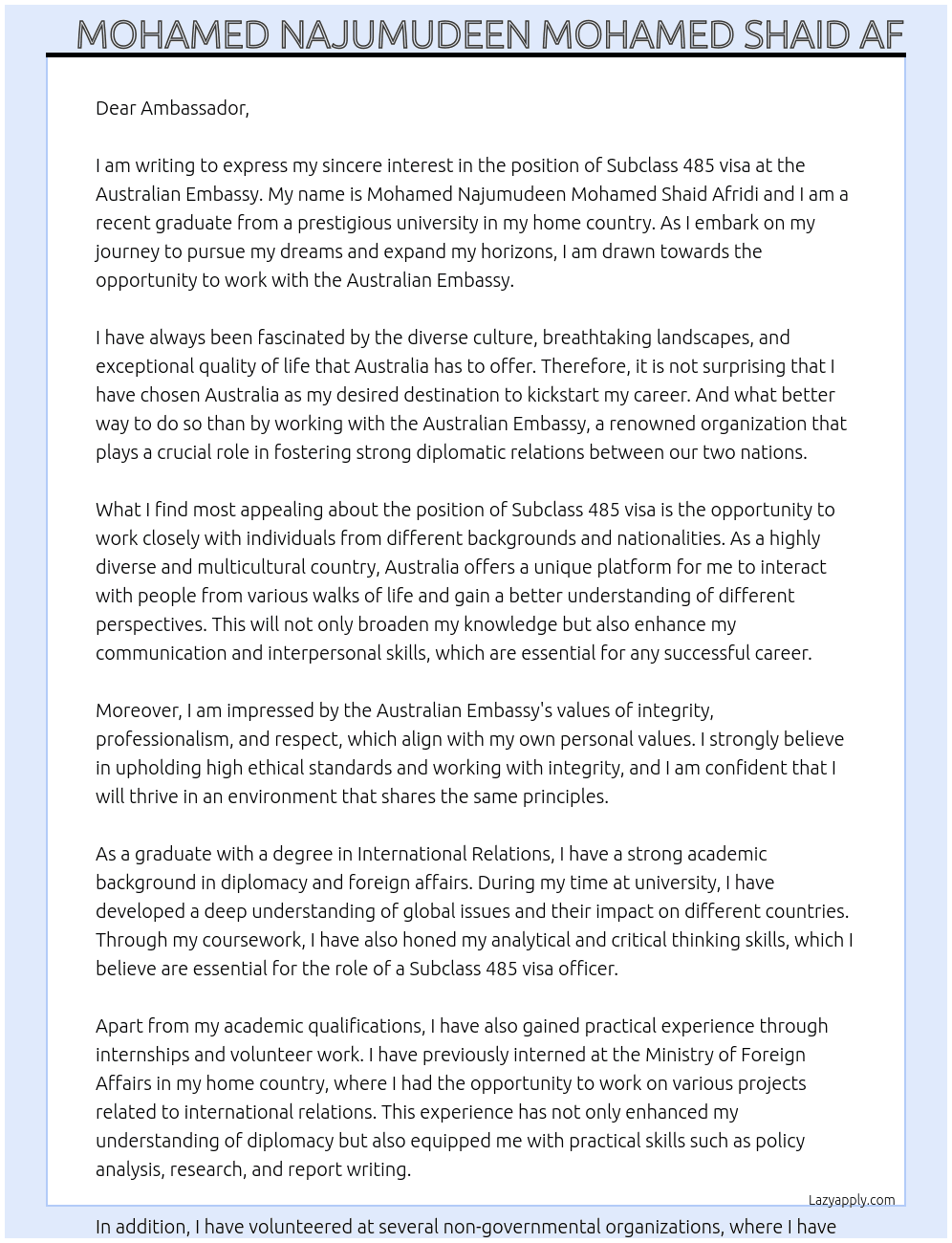 Subclass 485 visa At Australian embassy  Cover Letter