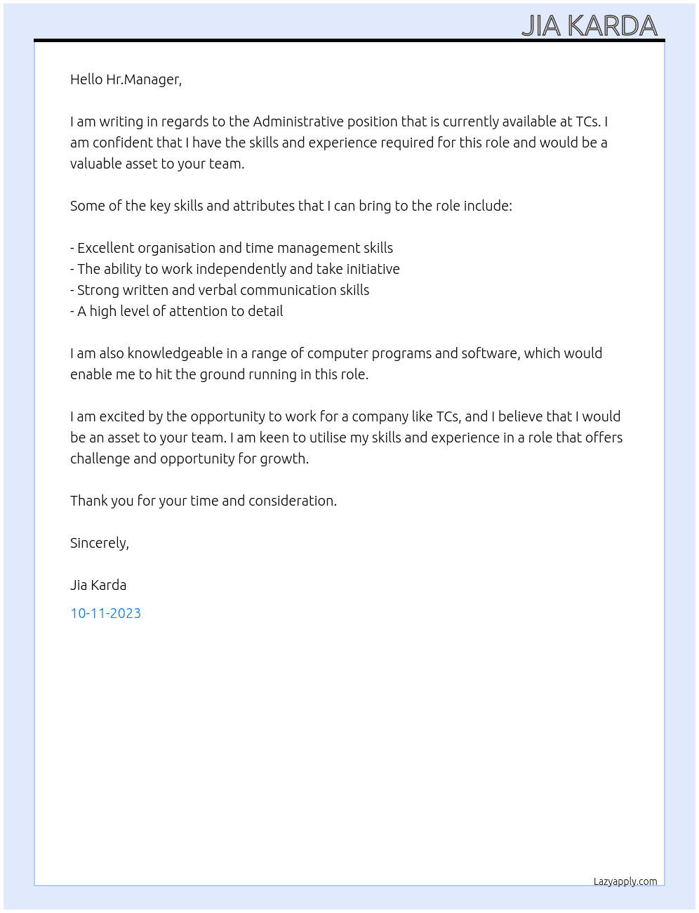 Administrative  At TCs Cover Letter
