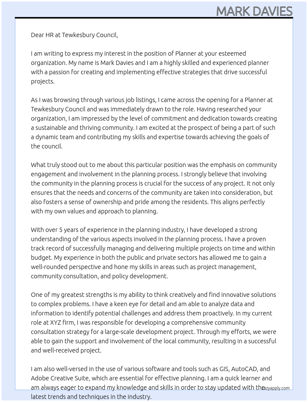 planner At Tewkesbury Council Cover Letter