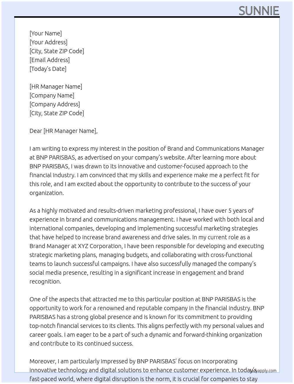 Brand and Communications Manager At BNP PARISBAS Cover Letter