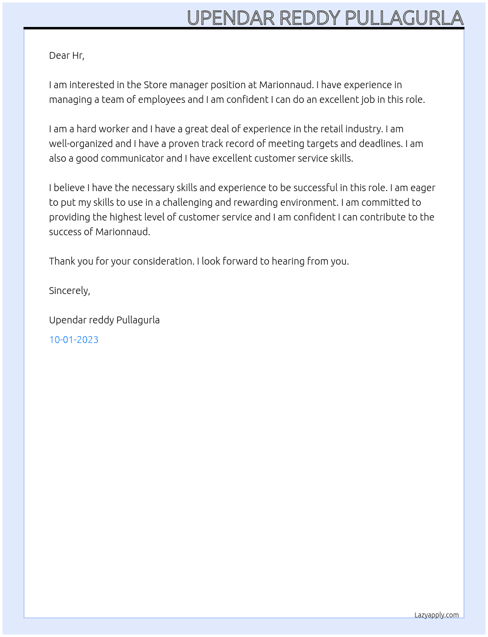 Store manager  At Marionnaud Cover Letter