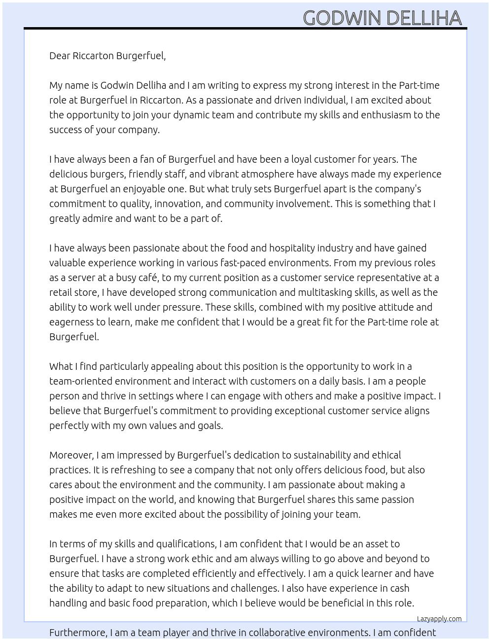 Part time  At Burgerfuel Cover Letter