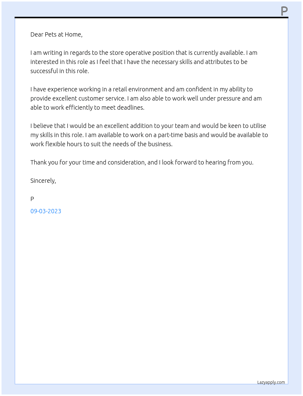 store operative At pets at home Cover Letter