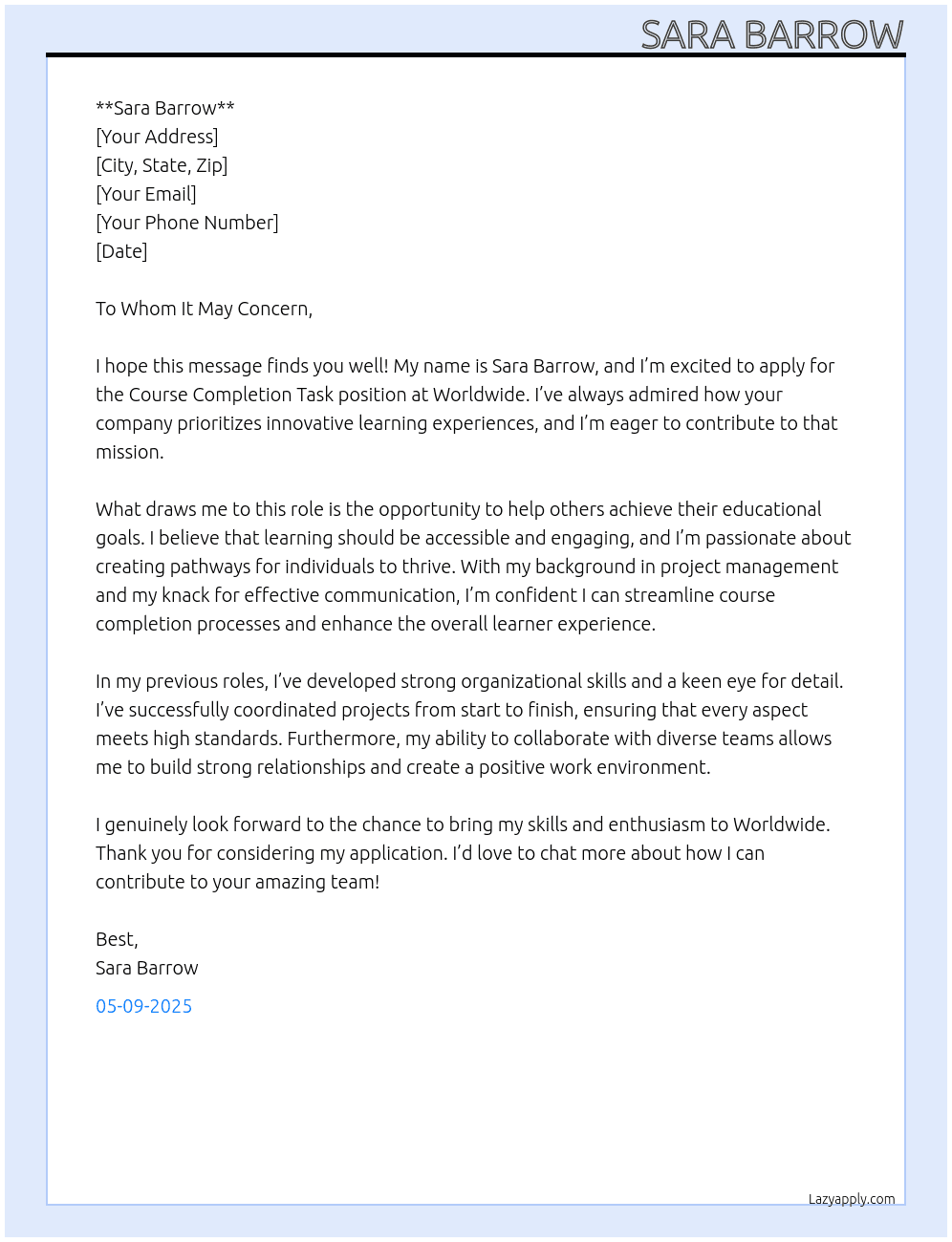 Course Completion Task At Worldwide Cover Letter
