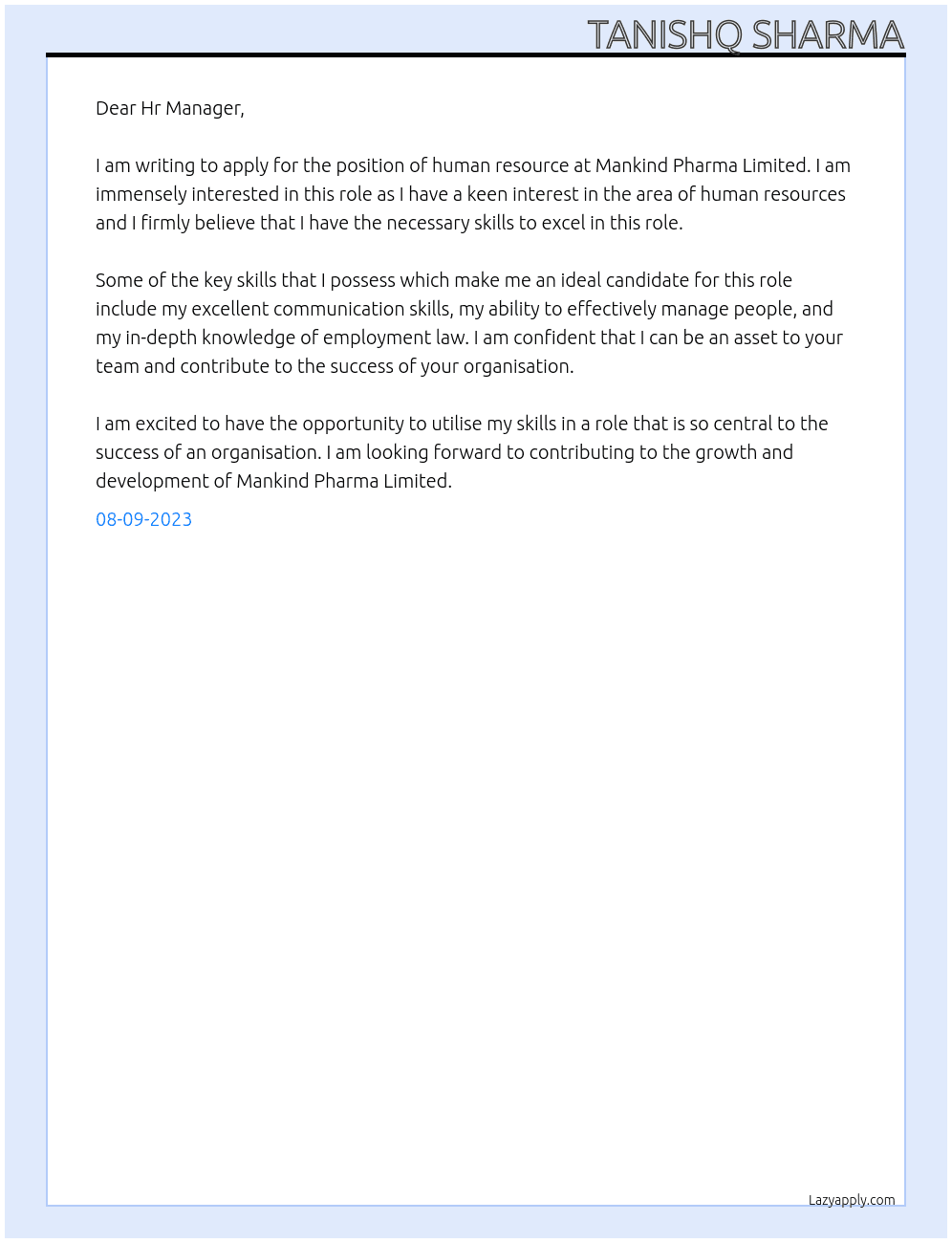 human resource At mankind pharma limited Cover Letter