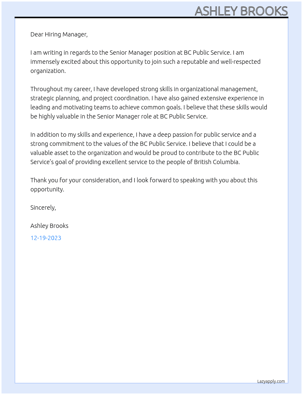 Senior Manager At BC Public Service Cover Letter