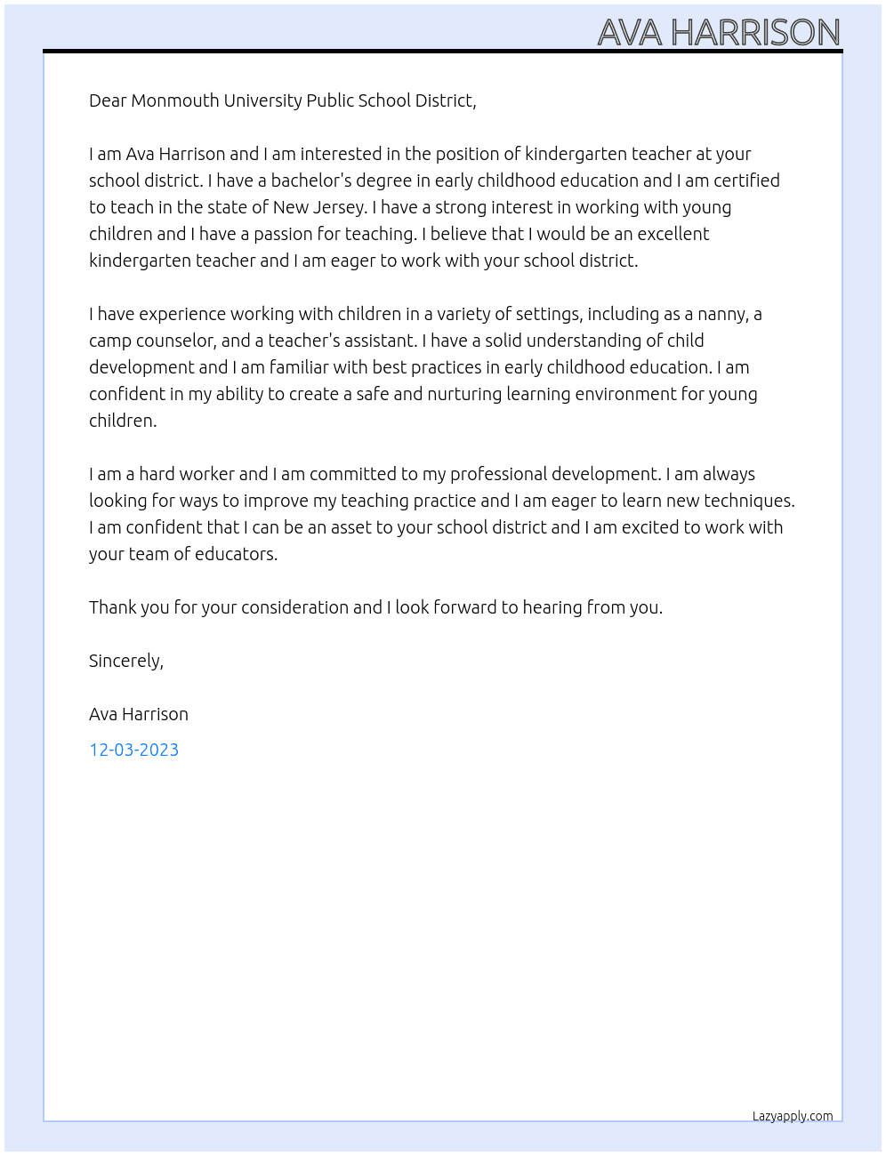 Kindergarten Teacher At Monmouth University Public School District Cover Letter